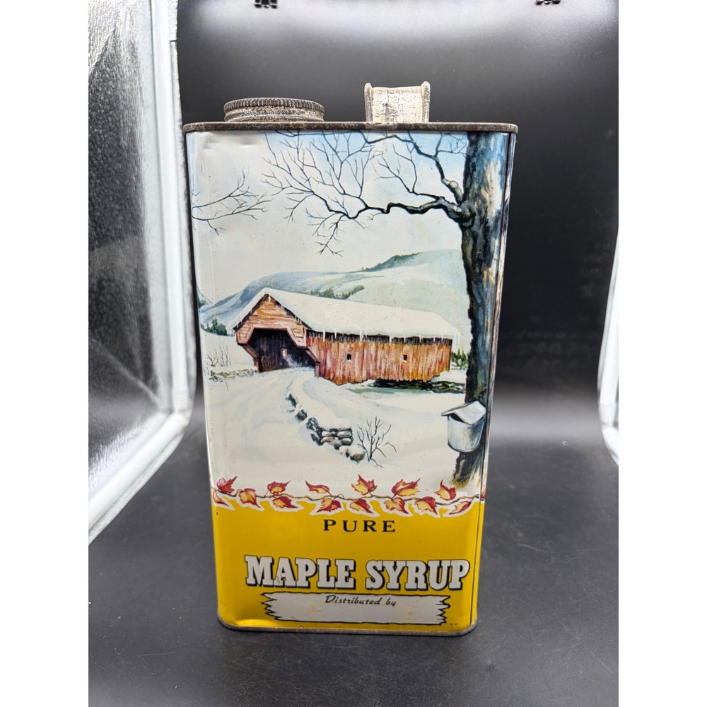 Vintage Pure Maple Syrup Tin One Gallon Metal Can Covered Bridge Winter Scene